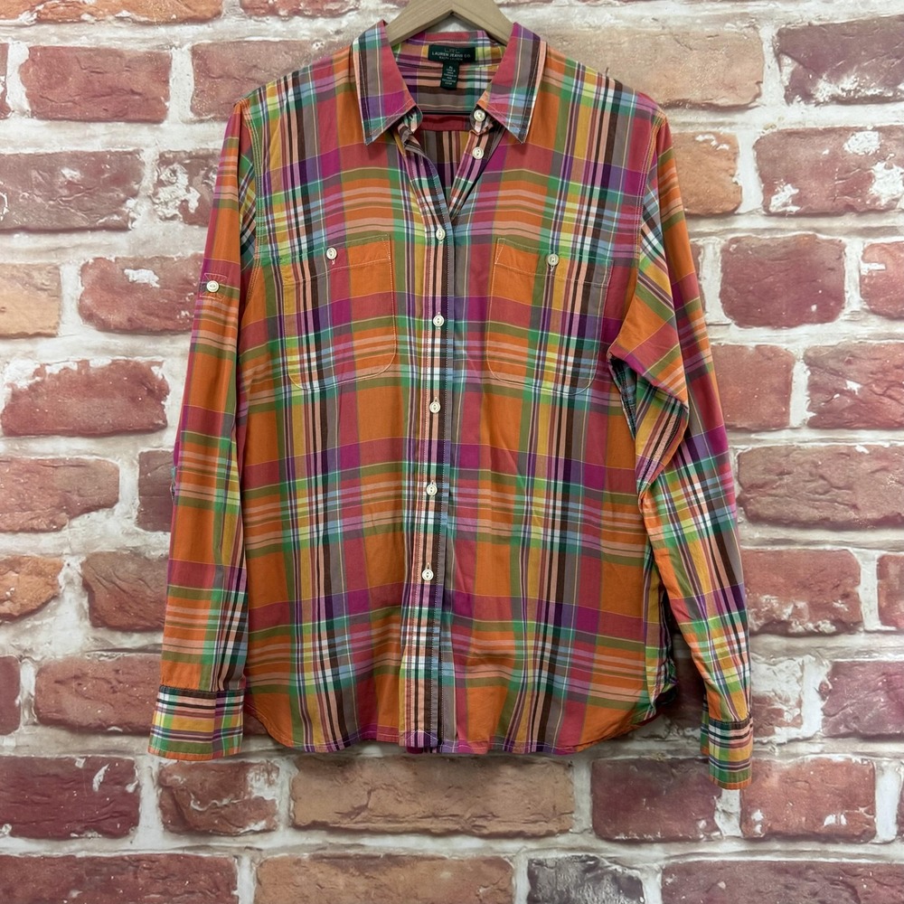 LRL Ralph Lauren Top Women's XL Multicolor Plaid Western Casual Button Up Shirt